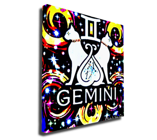 Gemini Zodiac Astrology Wall Canvas With The Twins / Cats, Symbol and Star Constellation