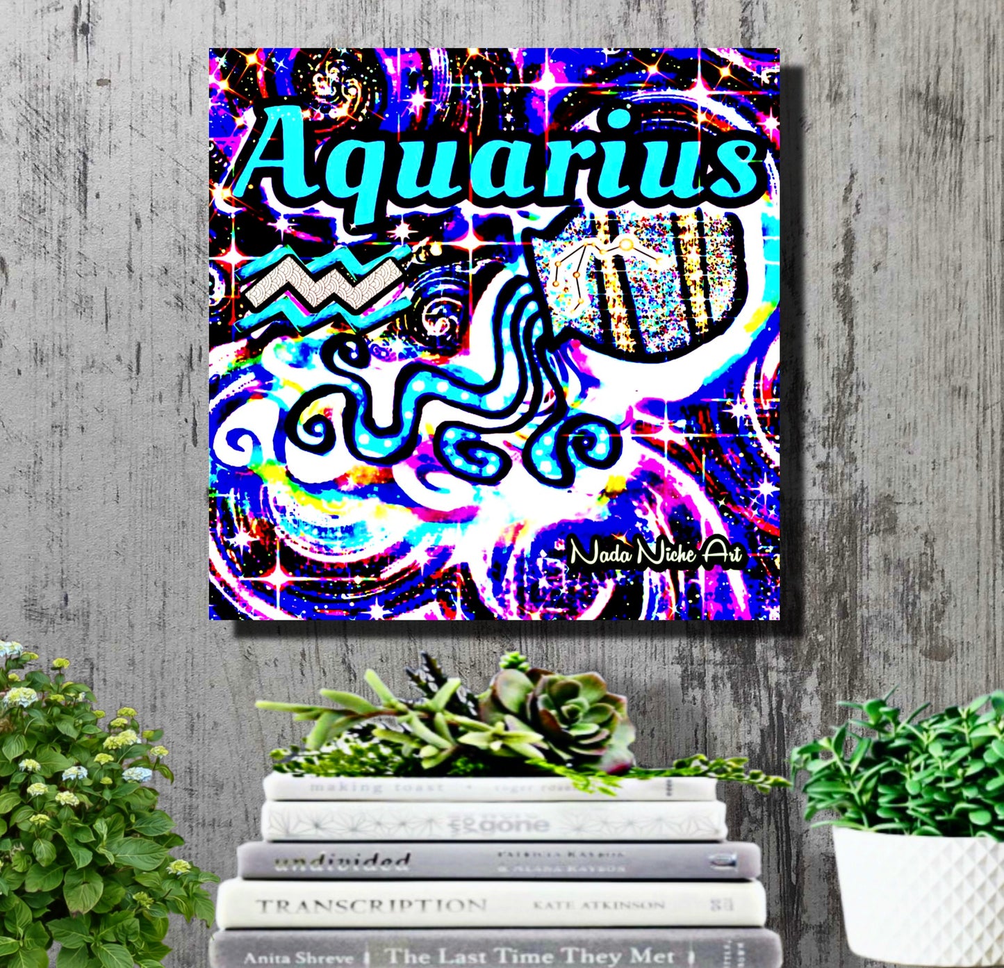 Aquarius Zodiac Astrology Wall Canvas With The Water Bearer Pitcher, Symbol and Star Constellation