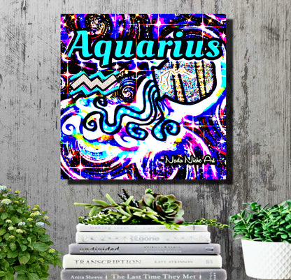 Aquarius Zodiac Astrology Wall Canvas With The Water Bearer Pitcher, Symbol and Star Constellation