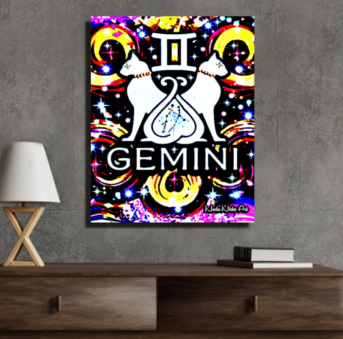 Gemini Zodiac Astrology Wall Canvas With The Twins / Cats, Symbol and Star Constellation