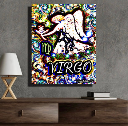 Virgo Zodiac Astrology Wall Canvas With The Virgin Angel Maiden Holding Wheat, Symbol and Star Constellation