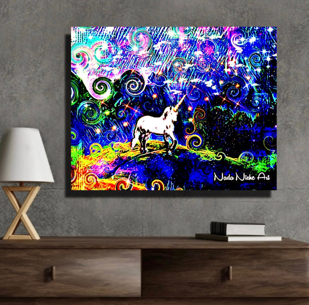 Mystical White Unicorn In A Swirling Rainbow Storm