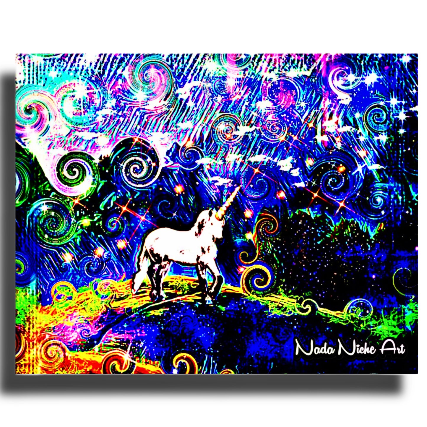 Mystical White Unicorn In A Swirling Rainbow Storm