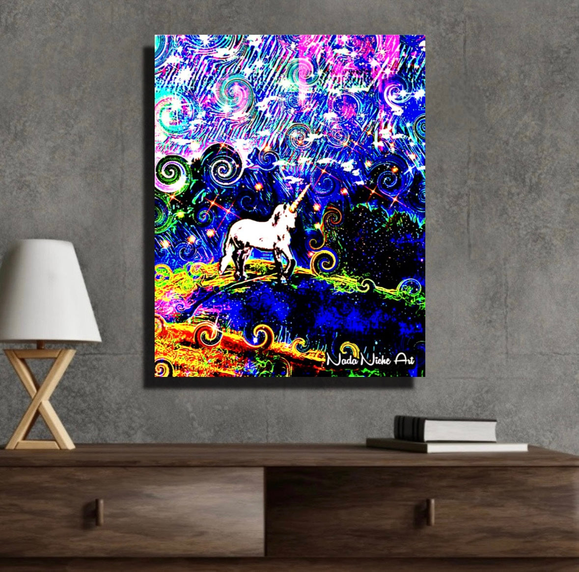 Mystical White Unicorn In A Swirling Rainbow Storm