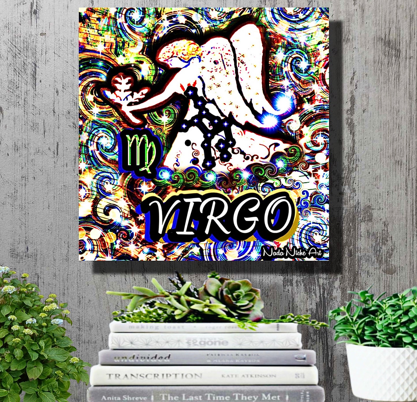 Virgo Zodiac Astrology Wall Canvas With The Virgin Angel Maiden Holding Wheat, Symbol and Star Constellation
