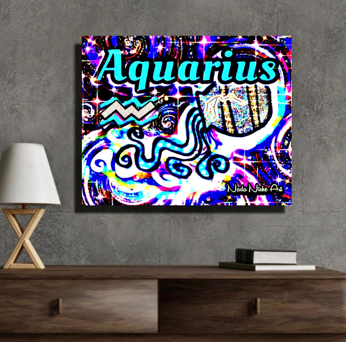 Aquarius Zodiac Astrology Wall Canvas With The Water Bearer Pitcher, Symbol and Star Constellation