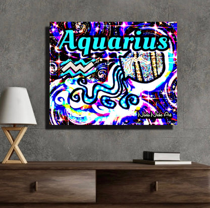 Aquarius Zodiac Astrology Wall Canvas With The Water Bearer Pitcher, Symbol and Star Constellation