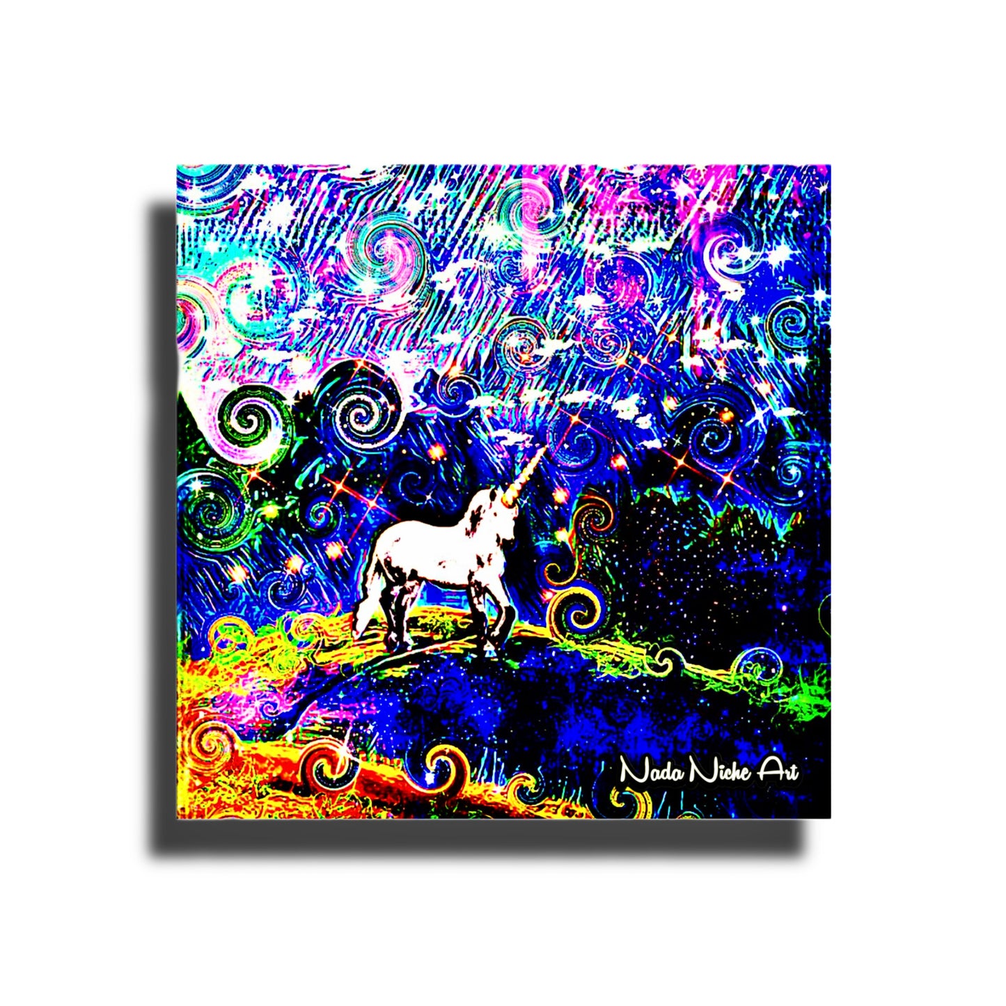 Mystical White Unicorn In A Swirling Rainbow Storm