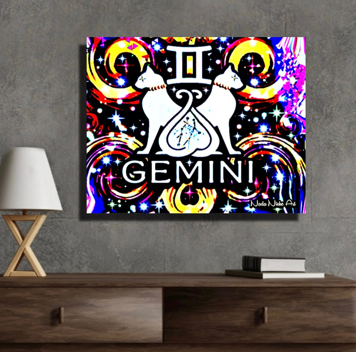 Gemini Zodiac Astrology Wall Canvas With The Twins / Cats, Symbol and Star Constellation