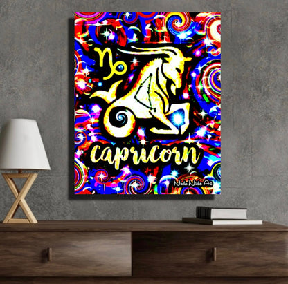 Capricorn Zodiac Astrology Wall Canvas With The Sea-Goat / Goat-Fish, Symbol and Star Constellation