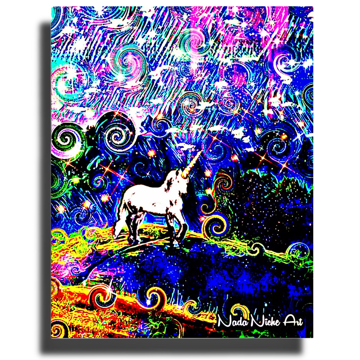 Mystical White Unicorn In A Swirling Rainbow Storm