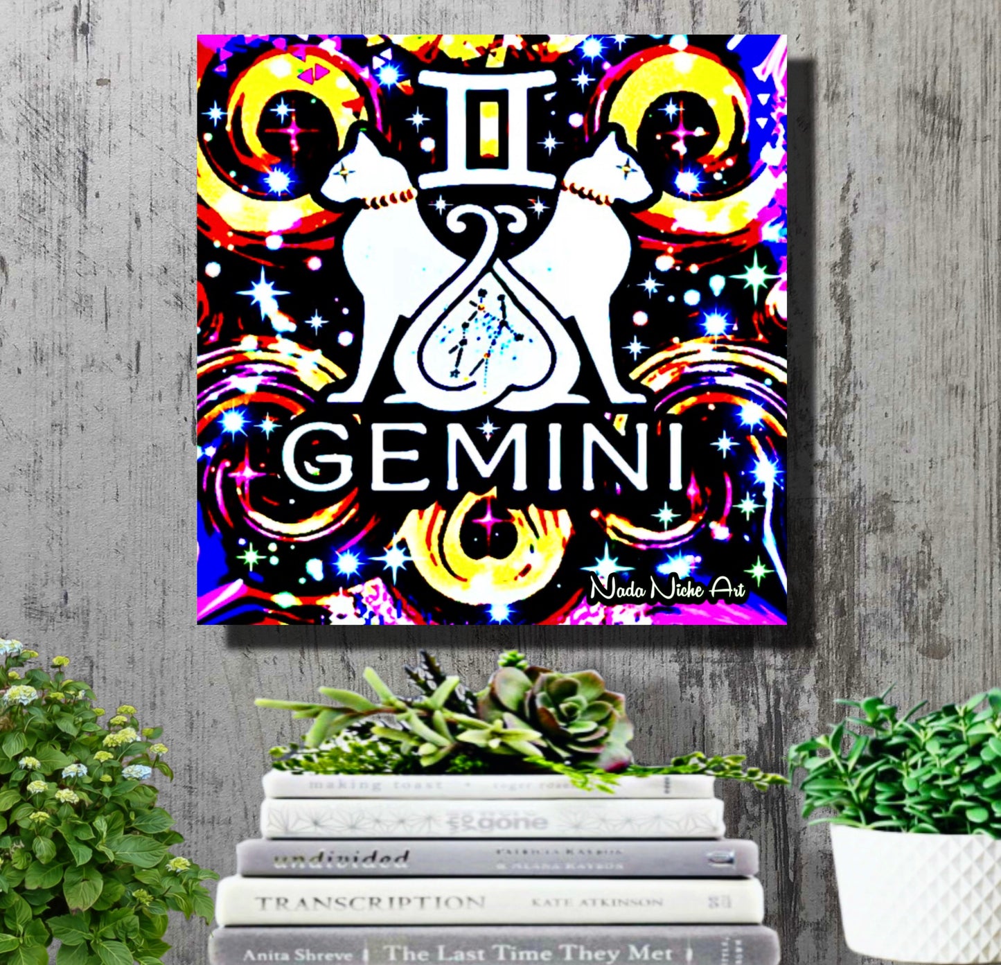 Gemini Zodiac Astrology Wall Canvas With The Twins / Cats, Symbol and Star Constellation
