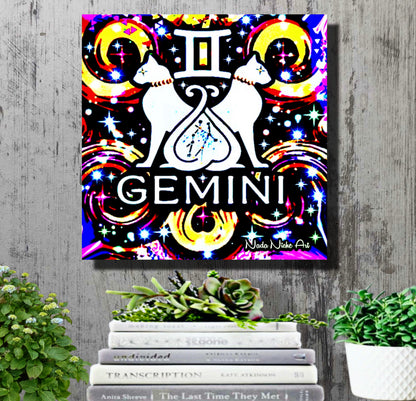 Gemini Zodiac Astrology Wall Canvas With The Twins / Cats, Symbol and Star Constellation