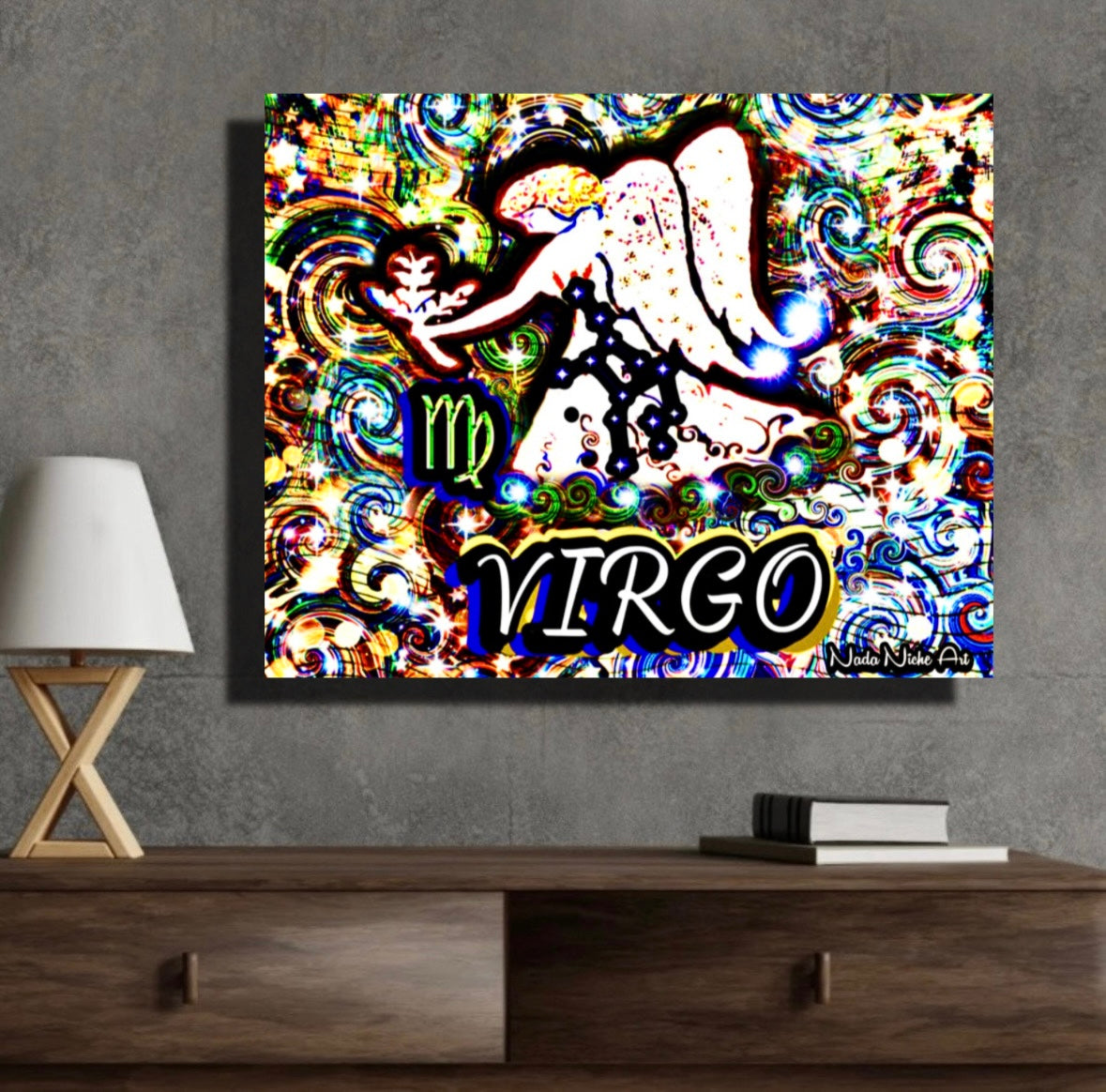 Virgo Zodiac Astrology Wall Canvas With The Virgin Angel Maiden Holding Wheat, Symbol and Star Constellation